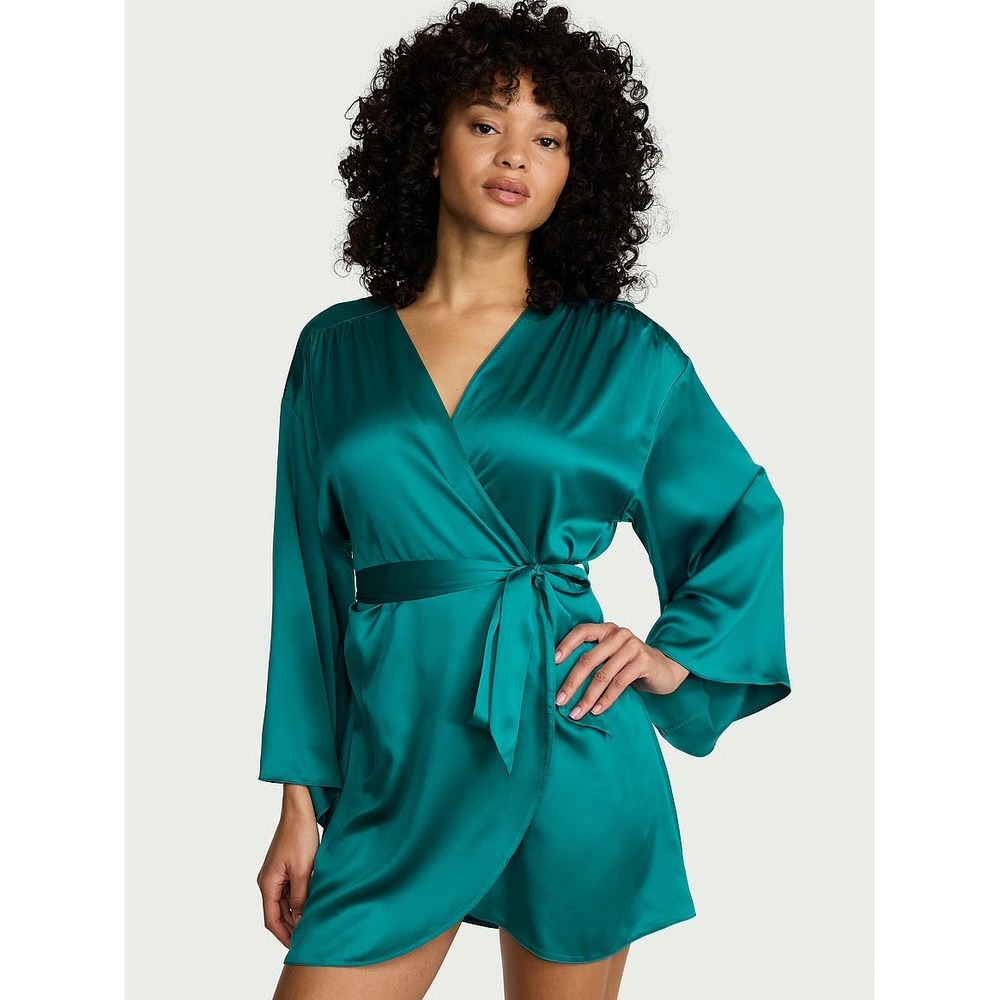 Victorias Secret 100% Silk Robe Emerald Green Kimono Wrap M/L Loungewear - Picture 6 of 6